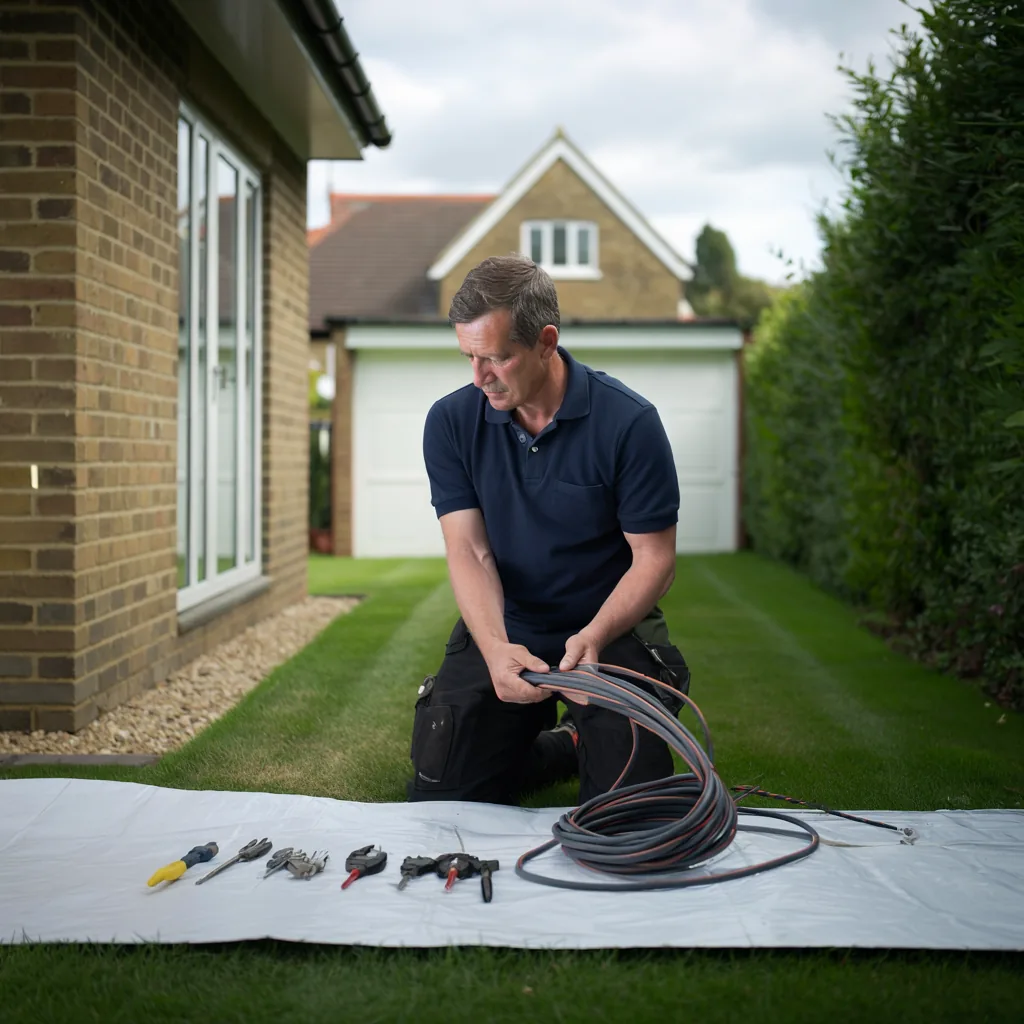 Armoured cable laid out for an outbuilding power supply
